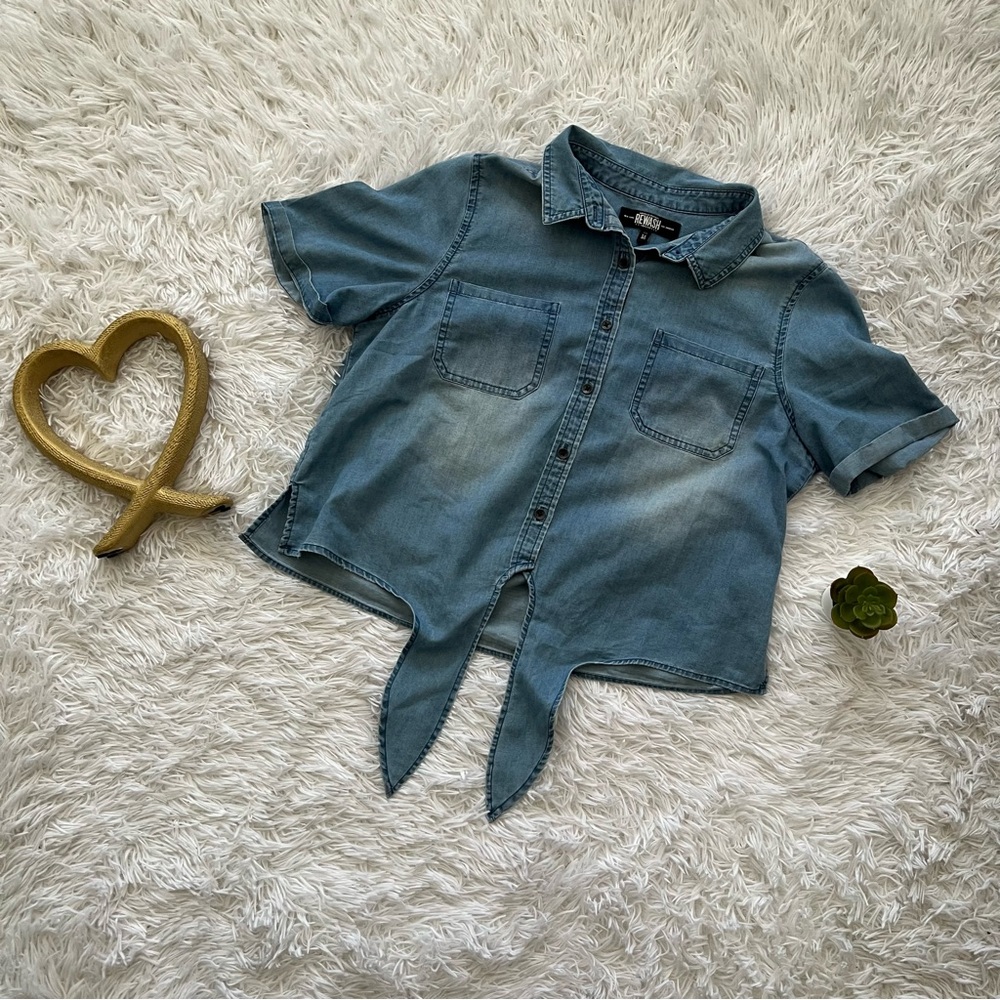 Rewash Blue Button Down Shirt with Tie-Front Detail
